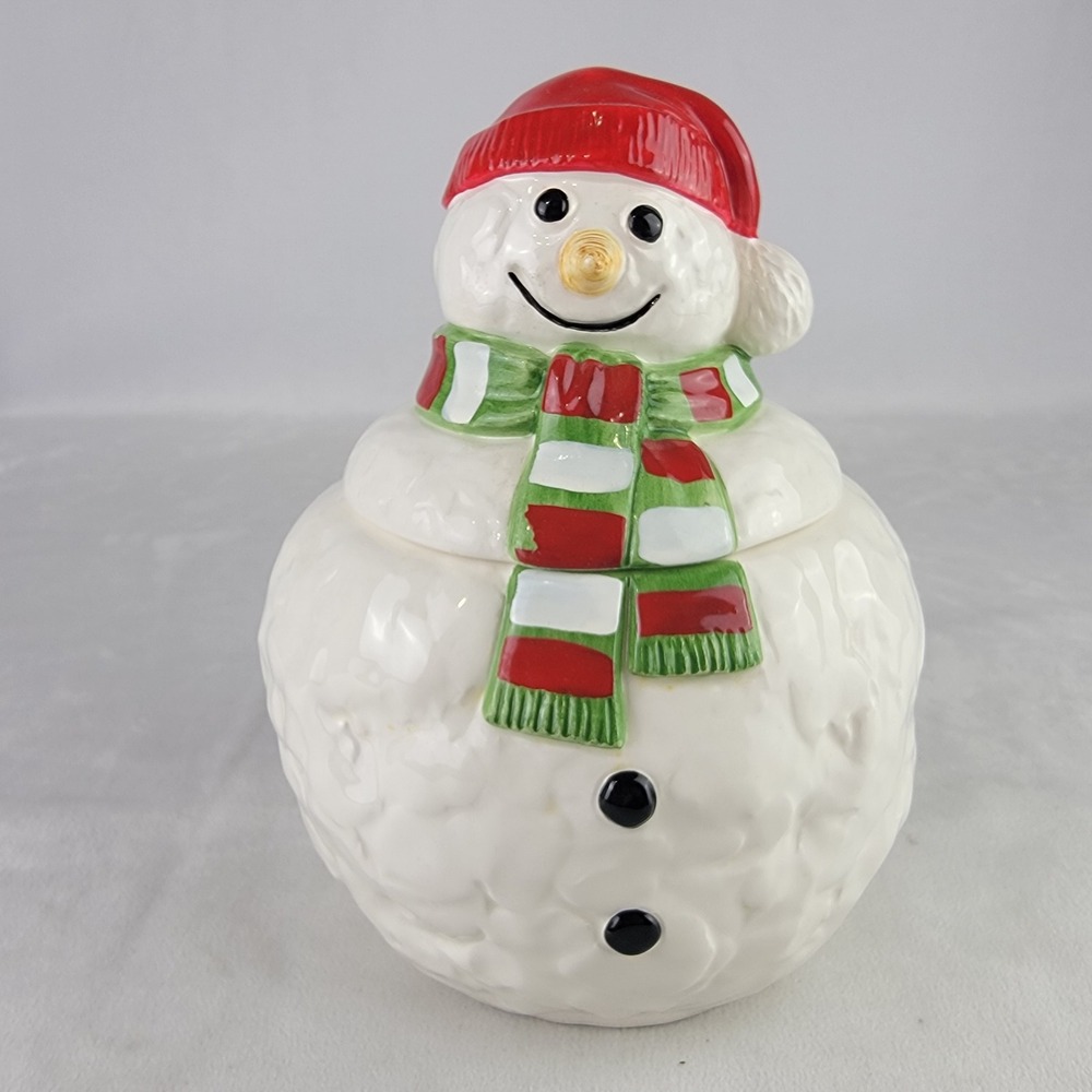 Oxford Ceramic Snowman Cookie Jar Red Hat Striped Scarf Christmas Holiday Decor